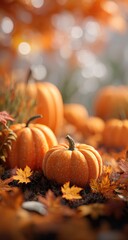 Autumn pumpkins in fall foliage, shallow depth of field