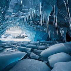 Obraz premium Frozen Wonderland A Glimpse Inside an Ice Cave with Icicles and Ice Floes