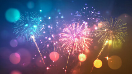 A vibrant display of colorful fireworks against a blurred bokeh background in the night sky scene