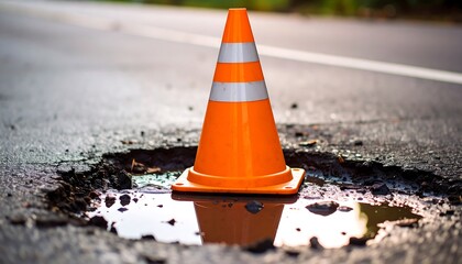 Road repair cone in pothole