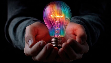A vibrant, colorful lightbulb held in cupped hands against a dark background