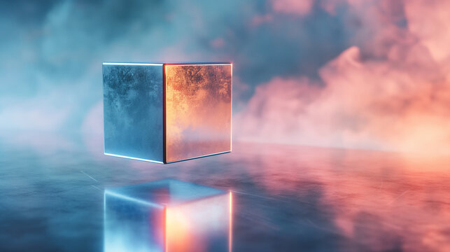 Abstract geometric cube with glowing light and smoke effects