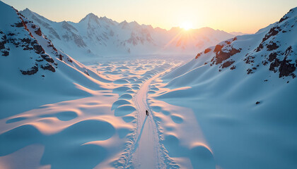 Expansive frozen valley landscape with solitary figure at sunrise