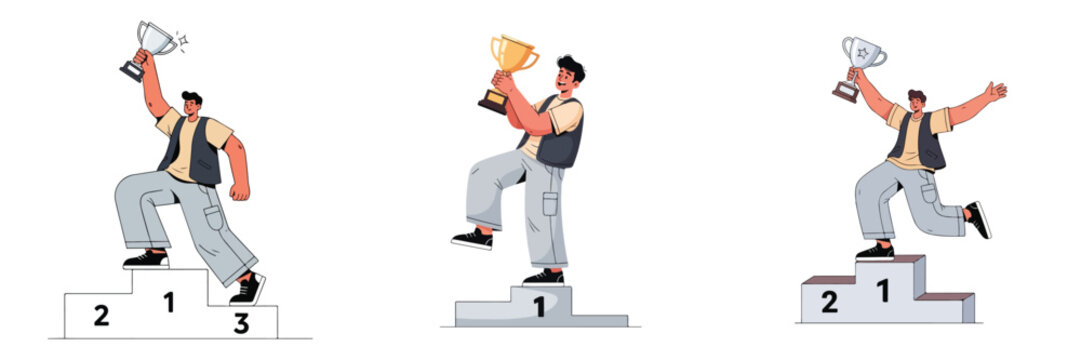 vector set of a casual young man holding a winning trophy