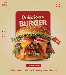 Burger Promotion Flyer, Tasty Cheeseburger Poster for Fast Food and Restaurant Marketing
