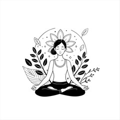 Minimal Line Art Illustration of a Woman Meditating in Lotus Pose Surrounded by Leaves and Floral Elements