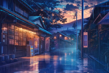 雨が降る夜の街並み （イラスト・風景・背景・壁紙）