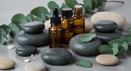 Tranquil spa scene with essential oils, smooth stones, and eucalyptus leaves for relaxation and wellbeing