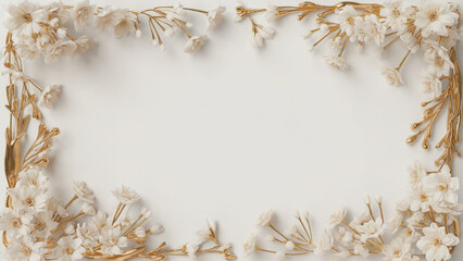 Elegant frame of white flowers and golden branches on a white background creating a soft border