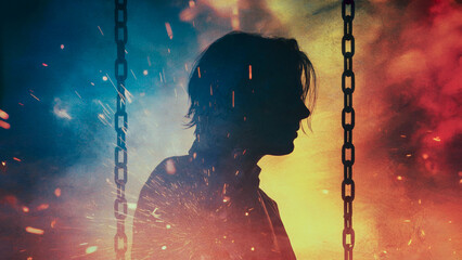 Silhouette of a person with chains and sparks against a fiery and smoky background in dramatic lighting