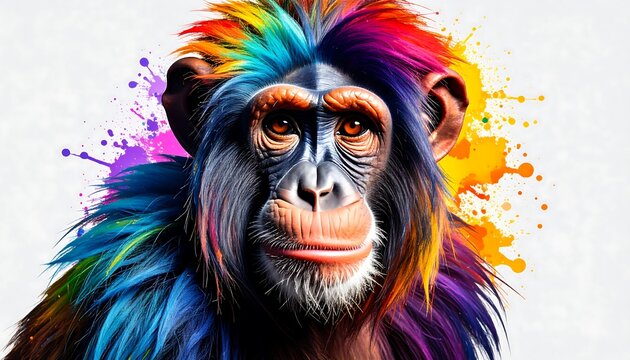 Vibrant Chimpanzee with Rainbow Hair and Splatter on White Background.