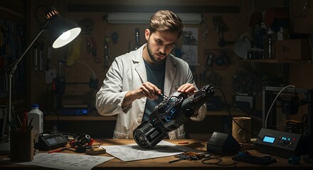 Focused engineer assembling futuristic weapon in workshop for science fiction project, showcasing invention skill