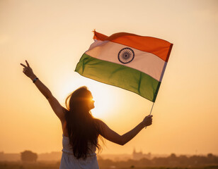 Woman with Indian Flag at Sunset