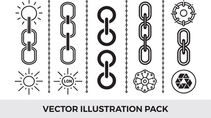Vector Illustration Pack: Chain Links, Sun Icons, and Geometric Designs - Black and White Graphic Elements for Creative Projects