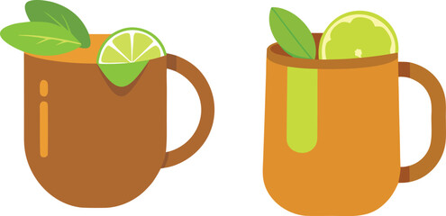 Two Cartoon Mugs with Lime and Mint Leaves, Vector Illustration of Herbal Tea, Drink Clipart, Healthy Beverage, Flat Design Style