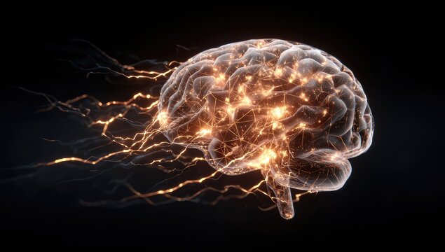 3D model of a glowing human brain, with neural pathways - Powered by Adobe