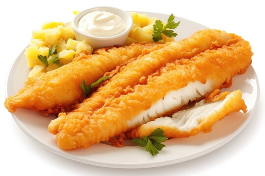 Fried fish fillet with potatoes and tartar sauce, isolated on white background, ideal for menus or food promotion