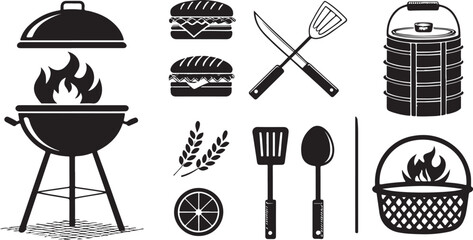 Black and White BBQ Grill Clipart: Burger, Spatula, Knife, Lemon, Fire, Basket, and Food Carrier Vector Illustration