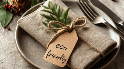 Realistic Close-Up of Biodegradable Plate with Napkin and Tag
