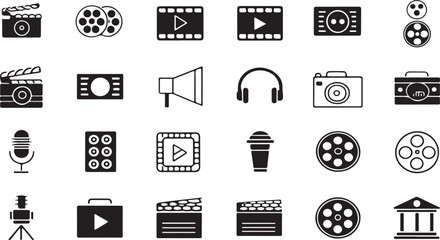 Black and White Film Production Icons: Movie Clapper, Camera, Film Reel, Microphone, Headphones, and Megaphone Vector Graphics Set