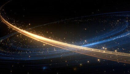 Cosmic swirling light trails, golden and blue, against a dark background