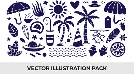 Summer Beach Vector Illustration Pack: Sun, Palm Trees, Umbrellas, Surfboard, and Tropical Elements in a Graphic Doodle Style