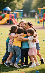 Fototapeta premium A diverse group of happy children share a warm group hug, celebrating friendship and unity on a sunny day at a playground.