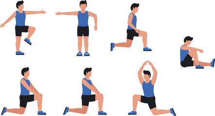 Comprehensive Fitness Exercises: Essential Moves for Strength, Flexibility, and Core Training at Home flat vector illustration