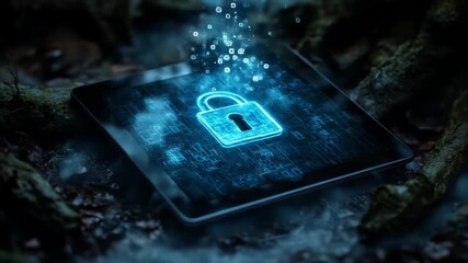 Glowing digital padlock floating above a smartphone representing cyber security protection - Powered by Adobe