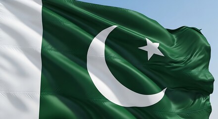 A close-up view of the Pakistani flag waving, showcasing its green field, white crescent, and star.