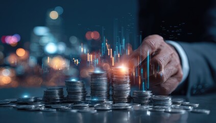 A hand touches a stack of coins, overlaid with financial charts, in a business setting