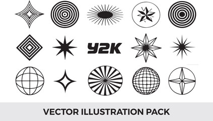 Y2K Vector Illustration Pack: Retro Graphic Elements, Stars, Circles, Globes, Geometric Shapes, 2000s Aesthetic, Black and White Design