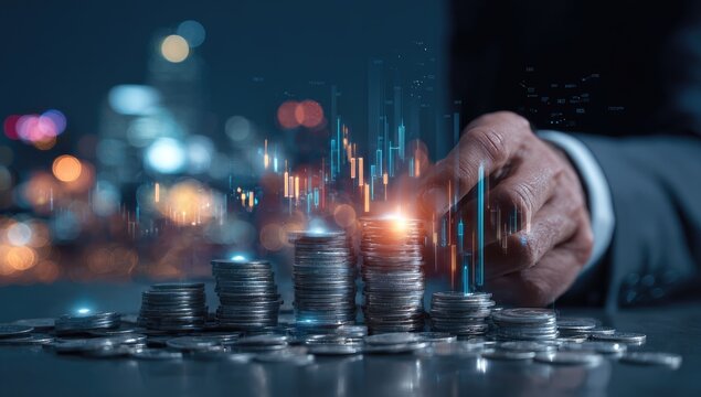 A hand touches a stack of coins, overlaid with financial charts, in a business setting