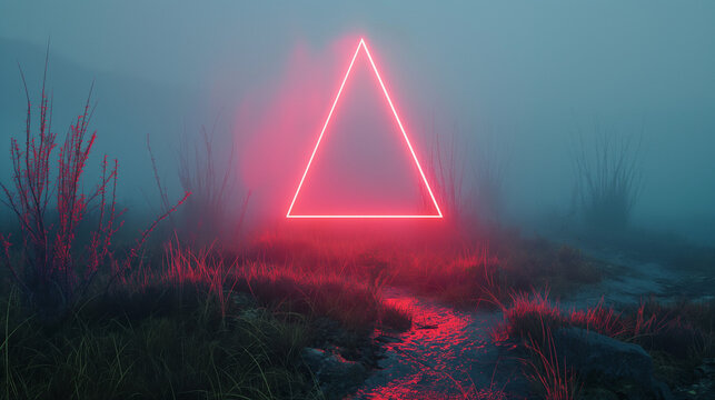 Glowing neon triangle illuminates a misty forest at night