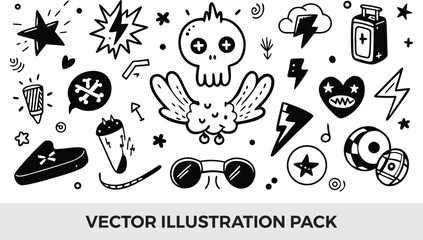 Vector Illustration Pack: Hand-Drawn Doodle Art with Skull, Lightning Bolts, Stars, and Trendy Graphic Elements for Design Projects