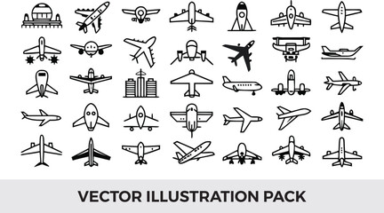 Airplane Icon Set Vector Illustration Pack: Black and White Outline Style, Commercial and Private Aircraft, Transportation Graphics