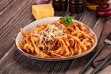 Italian pasta bolognese with beef minced meat