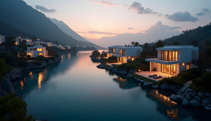 Fototapeta premium Modern waterfront villas nestled amidst majestic mountains at twilight creating a serene view
