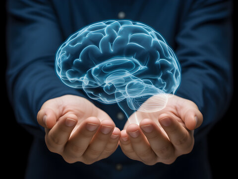 Two hands gently cradling a translucent light blue holographic human brain model against a dark background