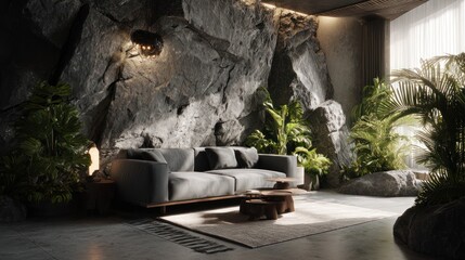 Modern interior with sofa, plants, and rock wall creates a cozy, naturalistic space
