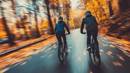 Two cyclists ride along a path in autumn foliage.