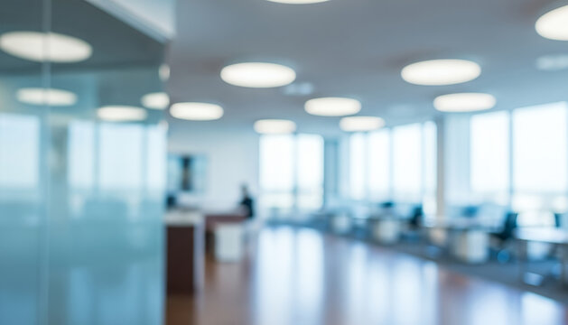 Bright modern office interior with soft blur effect, showcasing a clean corporate workspace filled with natural light and contemporary furniture.