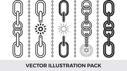Vector Illustration Pack: Chain Links, Decorative Elements, Sunbursts, Star of David - Black and White Line Art Graphics for Design Projects
