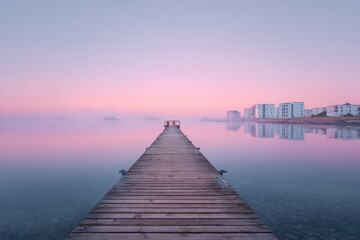 Fototapeta premium Peaceful wooden pier extending into a calm, misty lake at dawn, with pastel pink and purple skies reflecting on the water