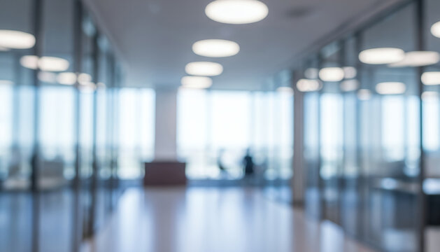 Artistic blur of a contemporary office showing circular pendant lights, clean floors, and quiet atmosphere with high windows.