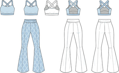 Activewear fashion flat sketch, flared leggings, sports bra, front and back view, gym wear, technical vector, workout clothing design flat vector illustration