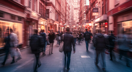 Crowded city street at dusk.