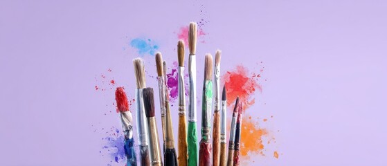 The vibrant collection of paintbrushes surrounded by colorful splashes of paint.