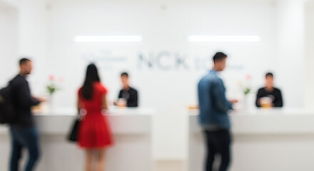 Fototapeta premium Blurred figures at a reception desk.