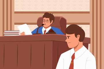 A judge reading documents and speaking into a microphone while a man listens in court.